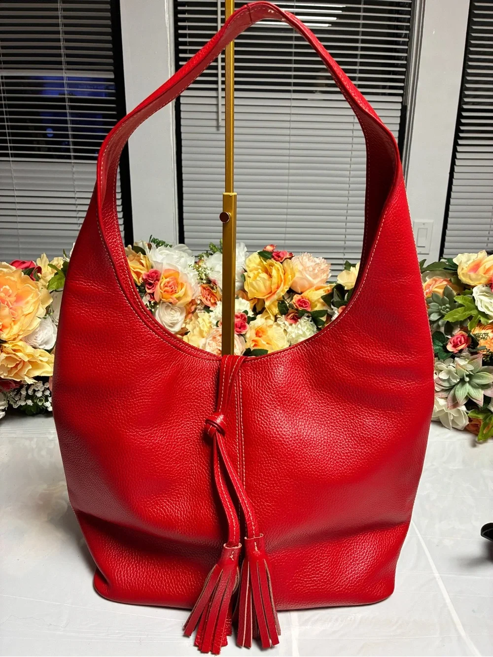 LAGGO Andrea Pebbled Leather Hobo Shoulder Bag Red Tassel Front Pockets Large